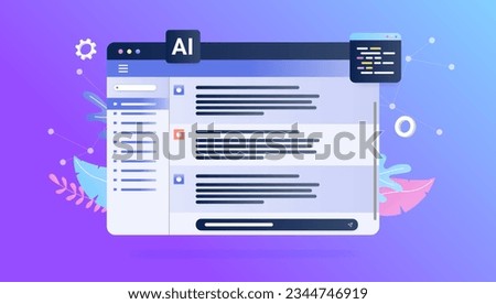 Ai chat window vector - Decorative illustration of abstract artificial intelligence text dialogue technology. Semi flat design on purple background