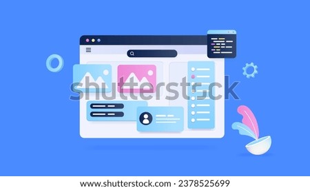 Web design and development - Browser window with abstract page or application on screen. Semi flat 3d vector design in flat front view