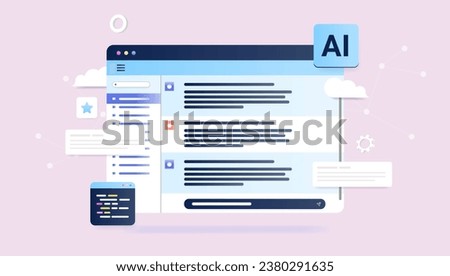 Artificial intelligence chat - Web browser with abstract Ai chatting text on screen. Decorative semi flat design vector illustration