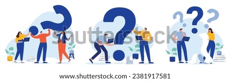 Business question illustration collection - Set of vectors with people and question marks working and solving problems. Support and questionnaire concept in flat design with white background