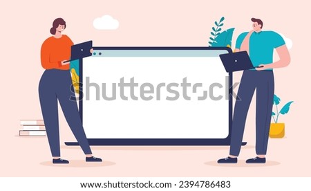 People in front of blank computer screen - Business man and woman standing with laptops, and big empty screen in background. Flat design vector illustration