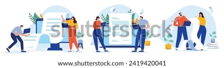 Business documents and contracts collection - Set of vector illustration with people reading and writing long text files together as a team. Flat design with white background