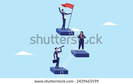 Career climbing development - Business people climbing ladder upwards to the top in corporate company. Steps to achieve goal and success concept in flat design vector illustration