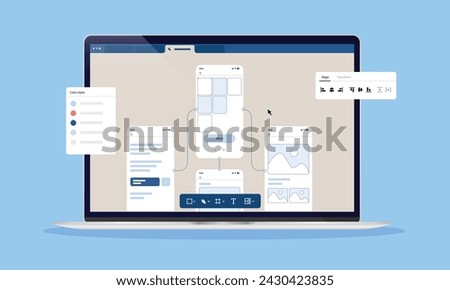 Website prototype and wireframes - Laptop computer screen with web page development and design sketch software. Flat design vector illustration in front view