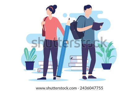 Two students - Man and woman student taking education, learning and going to courses standing in front of school books. Flat design vector illustration with white background