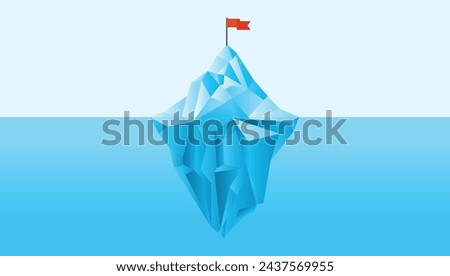 Iceberg mountaintop with flag on top - Business goal metaphor of tall ice berg in ocean landscape divided with half under water and above sea level. Flat design vector illustration in blue colours