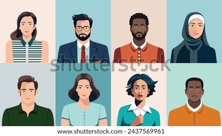 People character portrait collection - Set of vector illustration of faces and upper body, men and woman with different ethnicities looking at camera in front view