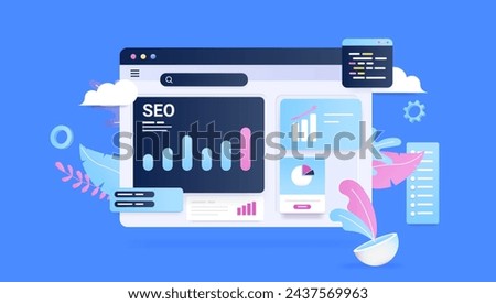 SEO analytics screen - Abstract decorative cartoon style vector illustration of browser window with graphs, data and statistic of search engine optimisation