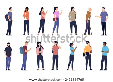 Vector people characters collection - Set of urban men and women standing using phones, talking and acting casual. Flat design on white background