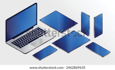 Isometric vector devices collection - Laptop computer, mobile phones and tablets in various angels, laying down and standing. Semi realistic professional illustration collection