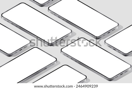 Isometric vector phone mockup - Template of mobile phones laying showing blank white screen in perspective view on grey background