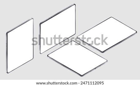 Isometric tablets mockup - Collection of devices in various angles with white empty screen. Perspective view vector illustration on grey background