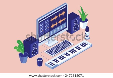 Music and audio production on computer screen - PC desktop in isometric view with speakers, microphone and software of stereo sound editing. Isometric view flat design vector illustration