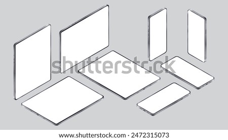 Isometric phones and tablet mockup - Vector template of devices with blank empty white screen in various angles. Website and app presentation concept