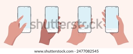 Hand holding mobile phone mockup vector template collection - Set of illustration graphics with smartphones in hands and blank empty web browser screen. Flat design with beige background