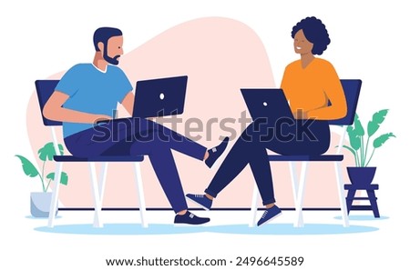 Two people sitting doing work with laptops - Focused man and woman colleagues working on computers together on chairs. Co-working and teamwork concept in flat design vector illustration