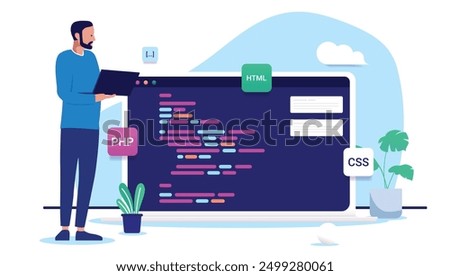 Developer working on computer writing code and programming standing besides big screen with abstract language. Flat design vector illustration with white background