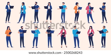 People with laptops vector collection - Set of businesspeople characters holding computers in hand, working in business or office, talking and smiling in various poses. Flat design illustrations