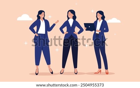 Team of professional businesswomen - Group of three women in business clothes standing, talking, smiling and discussing work in office together. Flat design vector illustration