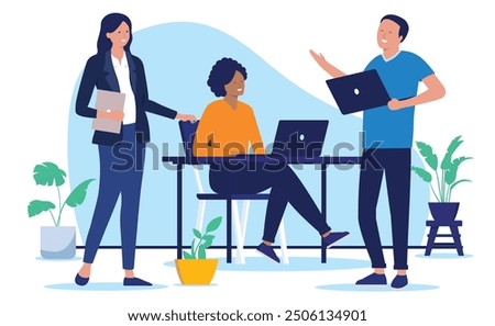 Smiling people working together in office - Small team of three businesspeople using computers, talking and discussing work and business together. Flat design vector illustration with white background