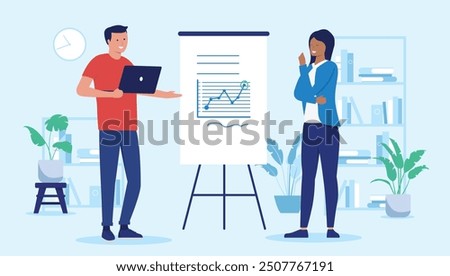 Work presentation - Two people in office presenting business and project results on flip over board with rising graph while smiling. Flat design vector illustration