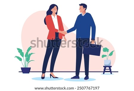 Business deal handshake - Two businesspeople, man and woman shaking hands friendly, smiling and coming to an agreement together at work. Flat design vector illustration with white background