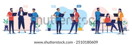 Work dialogue and communication collection - Vector illustrations of businesspeople with laptop computers talking together and doing work while smiling. Flat design characters on white background