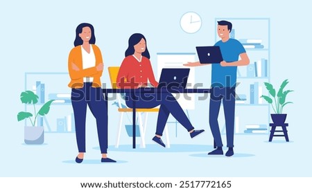 People in office working - Team of three smiling businesspeople colleagues talking and doing work together indoors at workplace. Flat design vector illustration