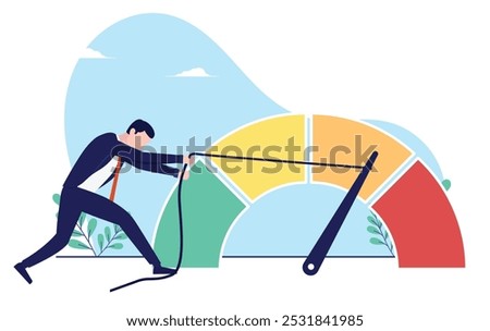 Reduce business risk level - Businessman person working hard on decrease financial red alert meter and lower danger indicator on scale. Flat design vector stock illustration with white background