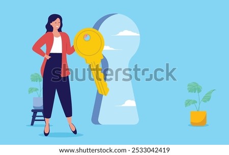 Woman key to success - Female person in corporate professional business clothing holding key in hand opening and unlocking gateway to career success or freedom. Flat design stock vector illustration