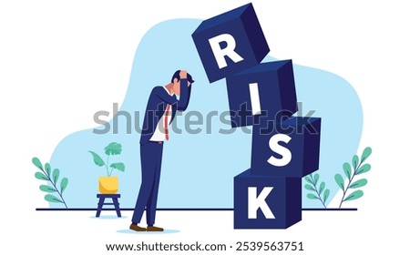 Business risk and danger - Scared and afraid businessman in despair, holding hands on head over collapsing company economy and recession. Flat design vector illustration with white background