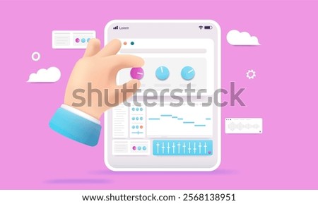 Music production on tablet device - Hand is making and creating midi tunes and sound in app on screen. Vector illustration