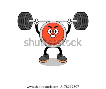 emergency button mascot cartoon lifting a barbell , character design