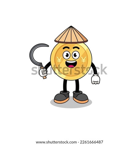 Illustration of japanese yen as an asian farmer , character design