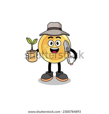 Illustration of chinese yuan cartoon holding a plant seed , character design