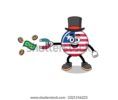 Character Illustration of liberia flag catching money with a magnet , character design