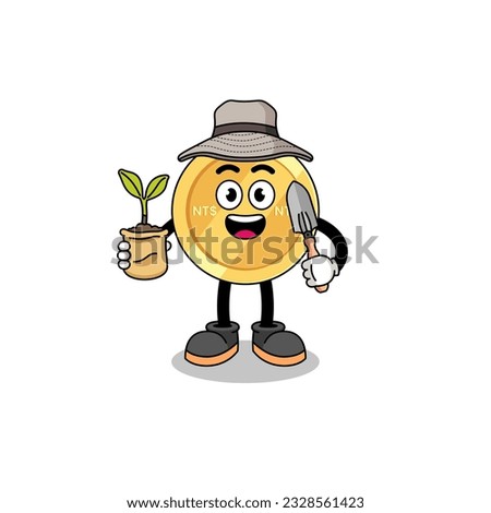 Illustration of new taiwan dollar cartoon holding a plant seed , character design