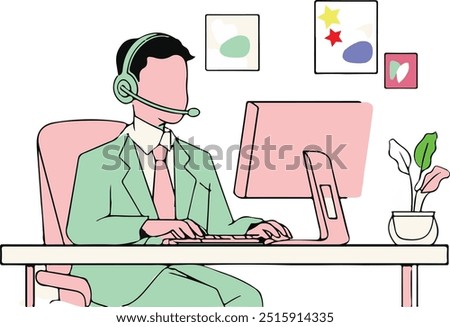 Customer representative flat illustration.Call center online customer support people operator concept in flat style. Man sitting with laptops and headset