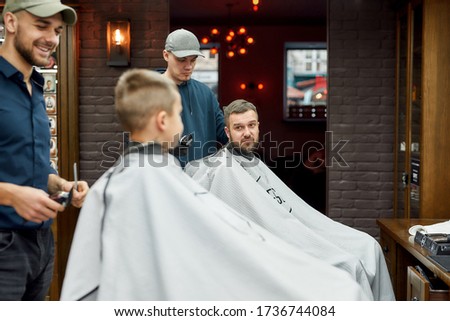 Similar – Image, Stock Photo Father making haircut for son at home