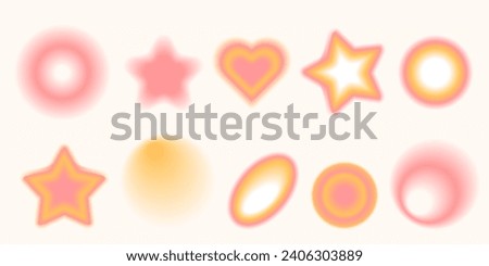 Y2k style blurred gradient shapes with linear forms and sparkles, blurry flower or heart aura aesthetic elements. Modern minimalist design element with blur gradients for logo vector template set