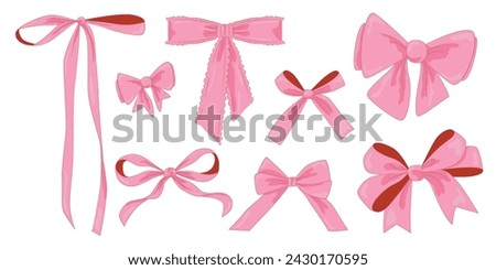 Vector Illustration of 8 pink girly vintage bow set. Bow for hair decor flat. Ribbons isolated. Trendy girls accessories. Cute hairstyle elements collection