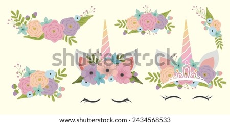 Unicorn face elements set cartoon flat design ears and horn vector illustration isolated. Unicorn mask filter with flower and golden crown. Vector illustration