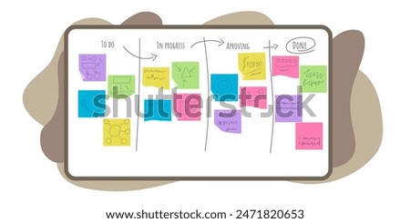 Kanban Project Management System. Flat cartoon illustration. Objects isolated on white background.