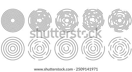 Set of circular ripple icons. Concentric circles with broken lines isolated on white background. Vortex, sonar wave, soundwave, sunburst, signal signs. Vector graphic illustration