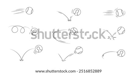 Doodle sport tennis ball trajectory bounce collection. Line hand drawn balls set