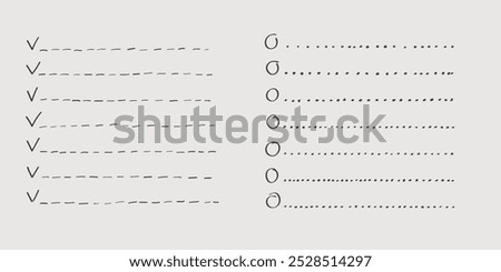 Collection of vector isolated outline hand drawn check to do list, bullet, check mark and check box in a doodle sketch cartoon style. Set of paper note with task plan.