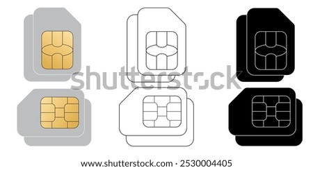 Set of sim cards. ID card mockup template. Realistic vector illustration for design. Mobile cellular phone. Sign, symbol, icon or logo isolated on background. EMV gold chip. Concept of technology.