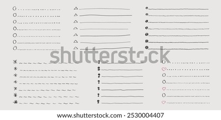 Collection of vector isolated outline hand drawn check to do list, bullet, check mark and check box in a doodle sketch cartoon style. Set of paper note with task plan.