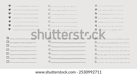 Collection of vector isolated outline hand drawn check to do list, bullet, check mark and check box in a doodle sketch cartoon style. Set of paper note with task plan.