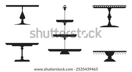 Wedding Tea Cake Platter, Isolated Stand Tray Silhouette. Retro Table Stand, Pedestal And Display Plate For Desserts, Sweet Food And Pastries. Serving Cake Display Platter, Tiered Stand